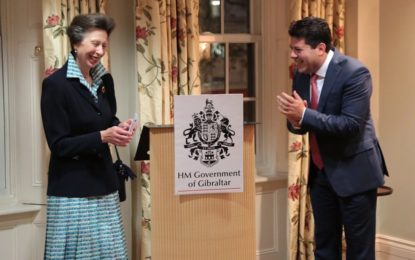 El Ministro Principal recibe a Su Alteza Real la Princesa Ana en la Casa de Gibraltar con un caluroso discurso en la Casa de Gibraltar en Londres