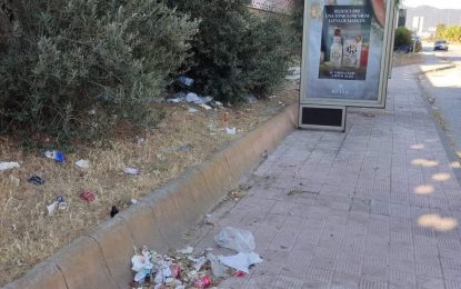 Ecologistas señalan la basura acumulada en la marquesina del autobús en Palmones