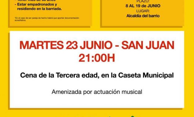 Asuntos Sociales anima a inscribirse a las cenas de mayores, siendo la primera la de la Feria de Taraguilla